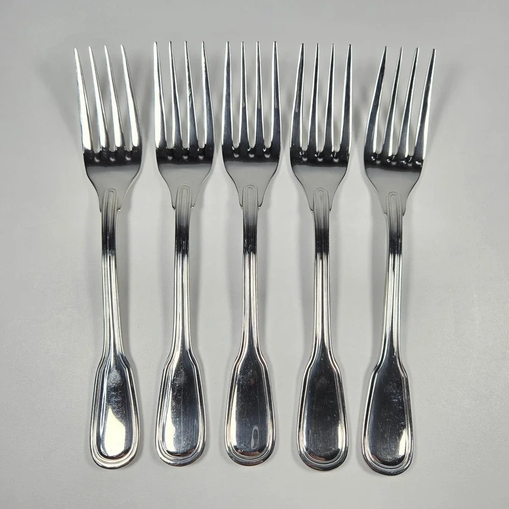 Vtg DJ Korea Stainless Steel Saumur Dinner Forks Set of 5 Double Thread Fiddle